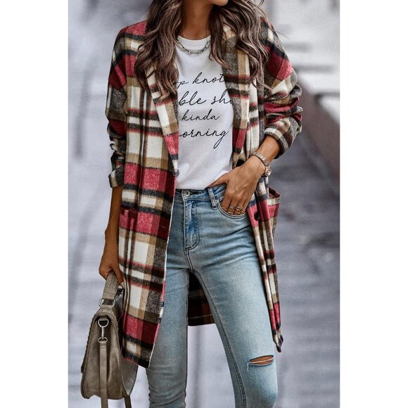 Women's Plaid Shacket Jacket Casual Button Wool Blend Winter Tartan Trench Coat - Picture 4 of 9